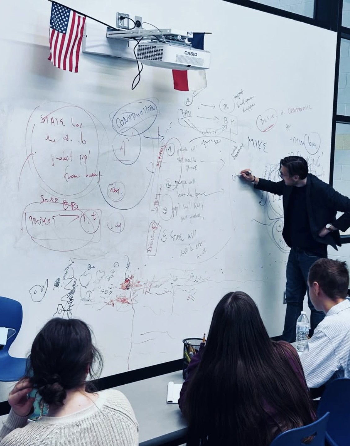 Mr. Miha Andrič mapping argument structures on a large whiteboard